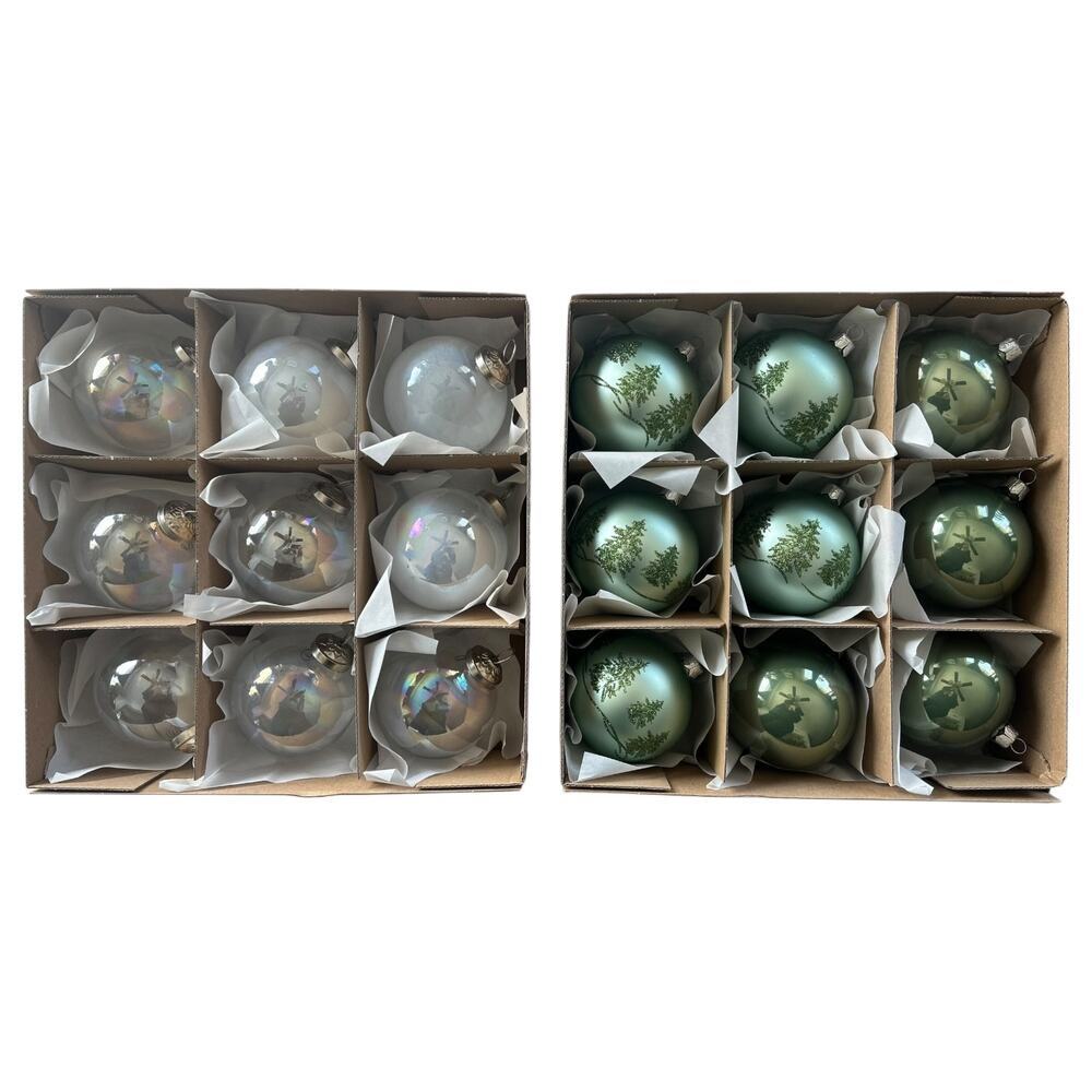 Set of 18 Glass Christmas Ball Ornaments Green Trees & Iridescent Holiday Decor